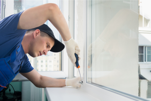 Window installation worker with screwdriver